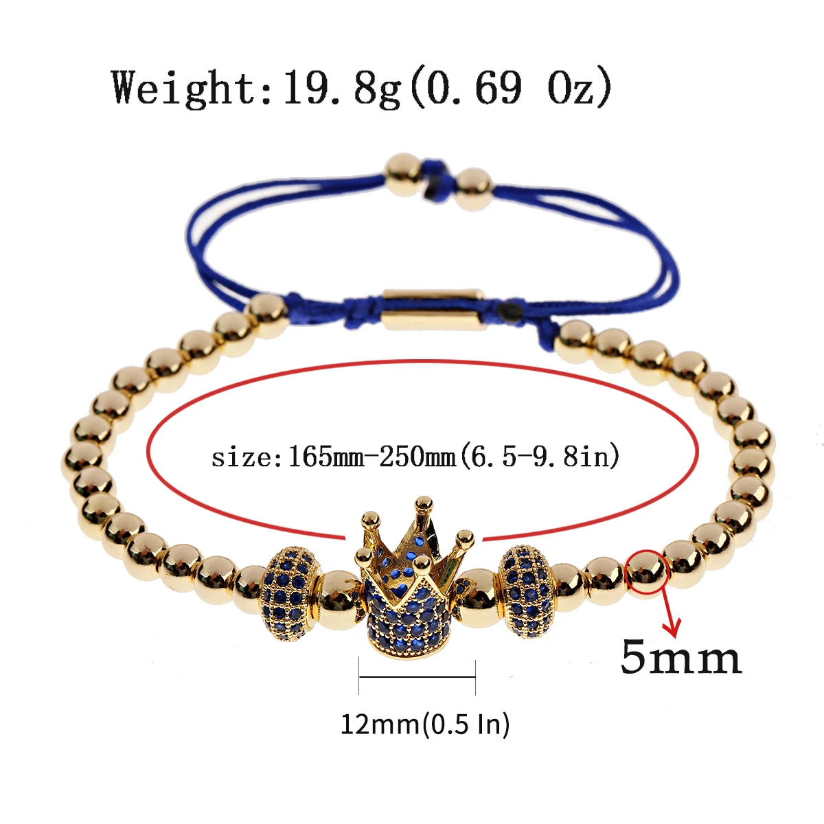 Gold Color Crown Bracelet Fashion Handmade Braiding Bracelet Blue Zircon Copper Bead CZ Bracelet Micro Pave Charms Jewelry Gift
