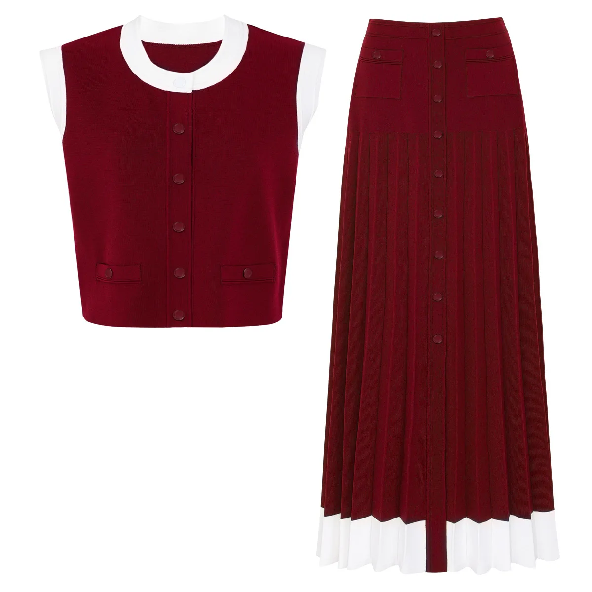 

Summer Lady New Arrival Colorblock Casual Suit O-neck Sleeveless Cardigan Pleated Long Skirt Women Single-breasted Knit 2pcs