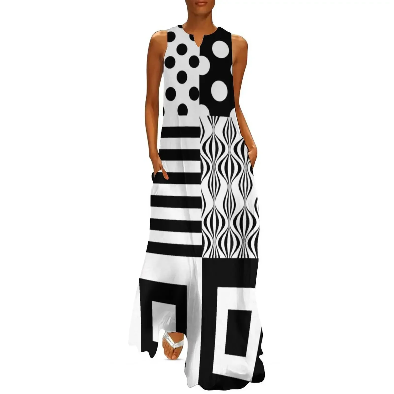 

60s Mod Patterns Black & White Blocks Long Dress women's elegant loose dresses women's dresses luxury Dress