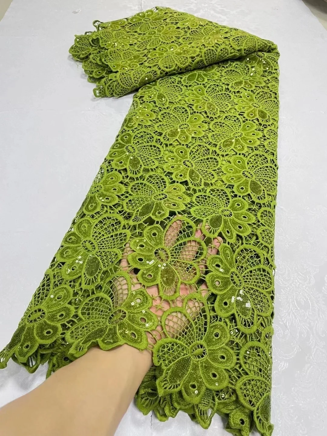 

Green African Guipure Water Soluble Net Lace Fabric 2024 Embroidery High Quality Nigerian Cord Sequins Lace For Wedding Party