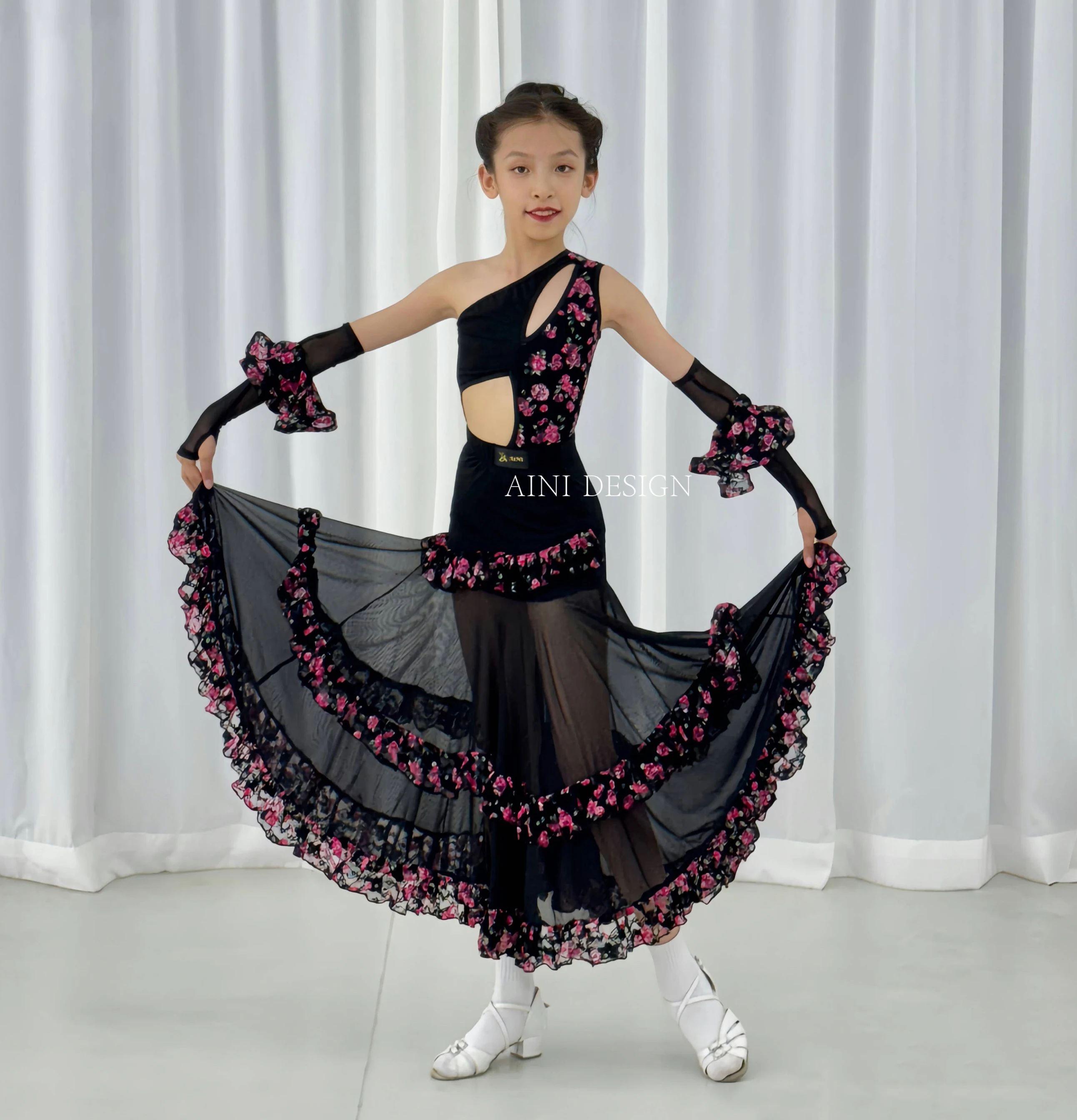 

Kids Girls Ballroom Dance Clothes Latin Performance Black Dress Flower Ballroom Skirt Suit Tango Waltz Practice Clothing BL13359