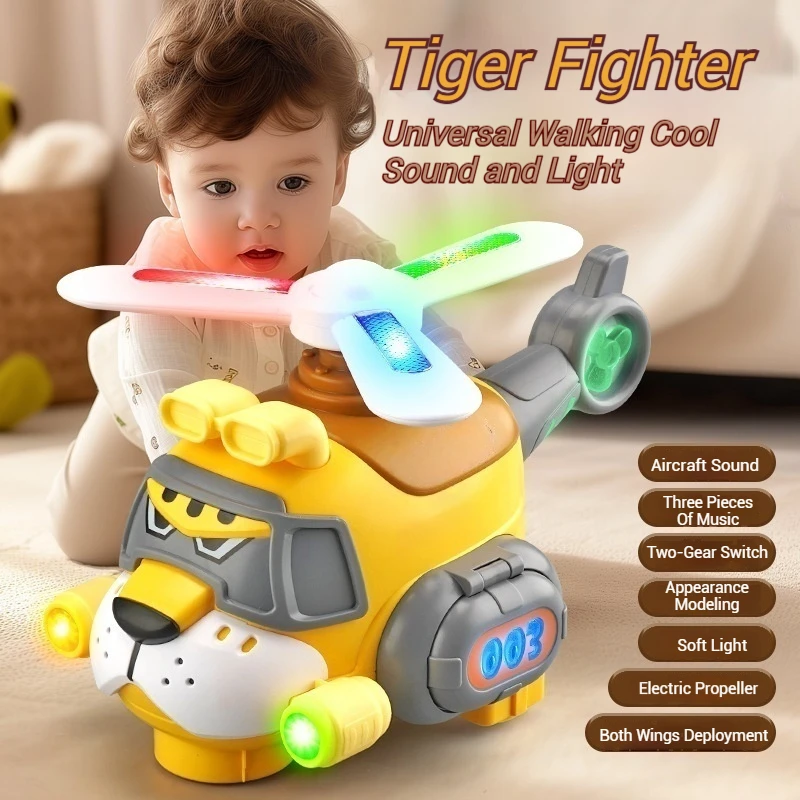 Electric Tiger Helicopter with Lights Music Universal Wheel Cartoon Airplane Rotating Blades Children's Toy Kids Christmas Gifts