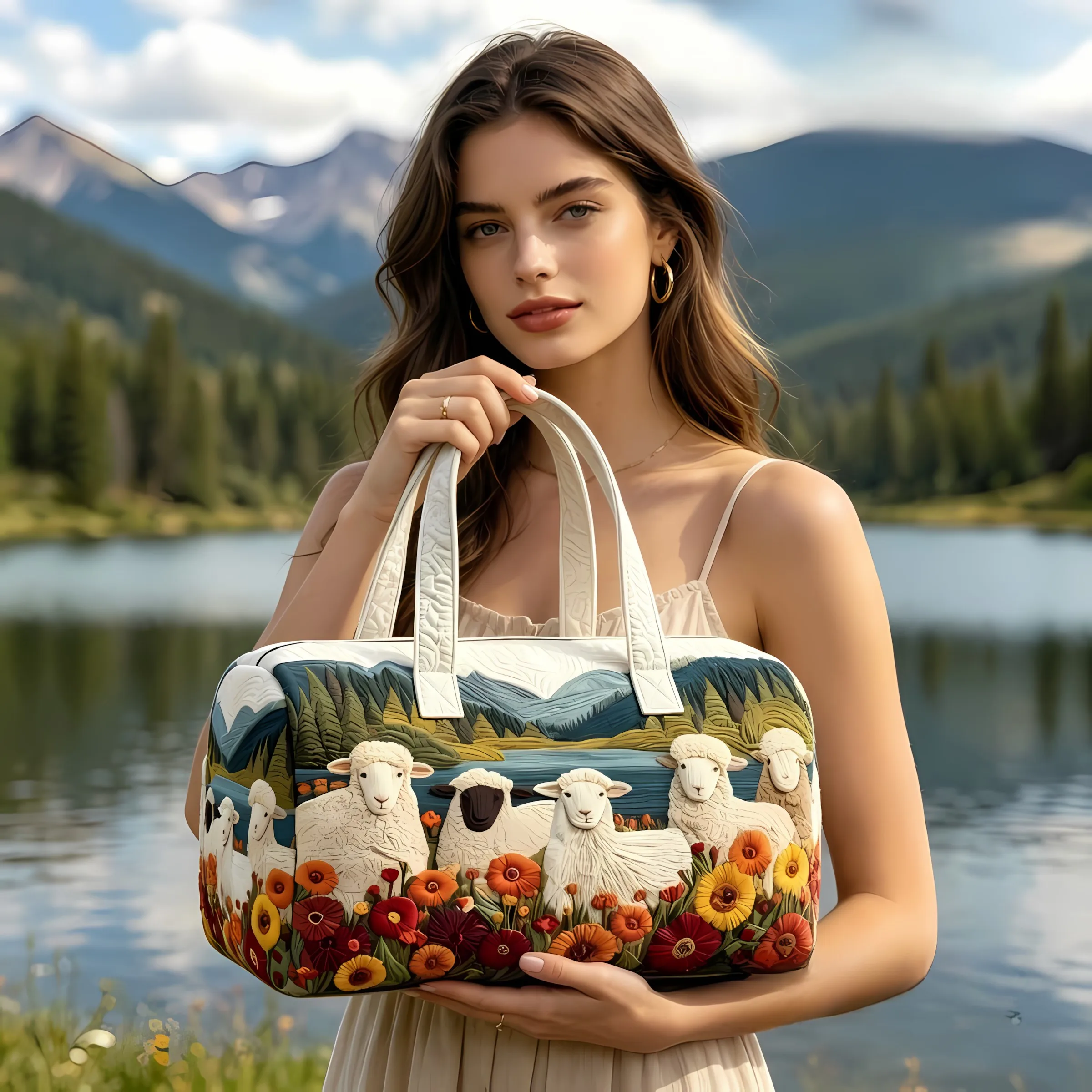 The small sheep texture design print has a large capacity is portable versatile and fashionable It is suitable for travel handba