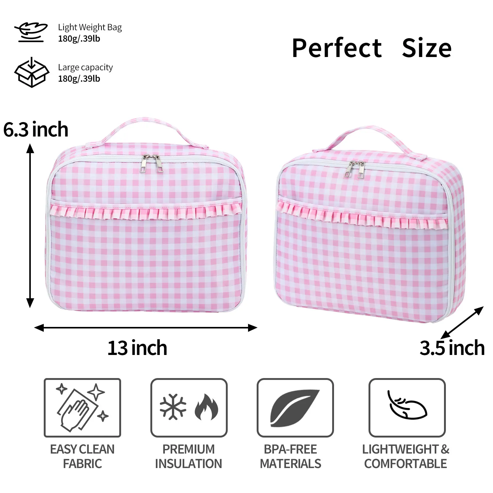 Lunch Bag Ruffle Plaid Insulated Cooler Box Kid Child School Thermal Food Tote Women Waterproof Leakproof Portable Reusable