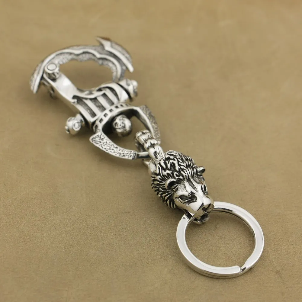 925 Sterling Silver Armor Lion King KeyRing Biker KeyChain DIY Accessory 8J031