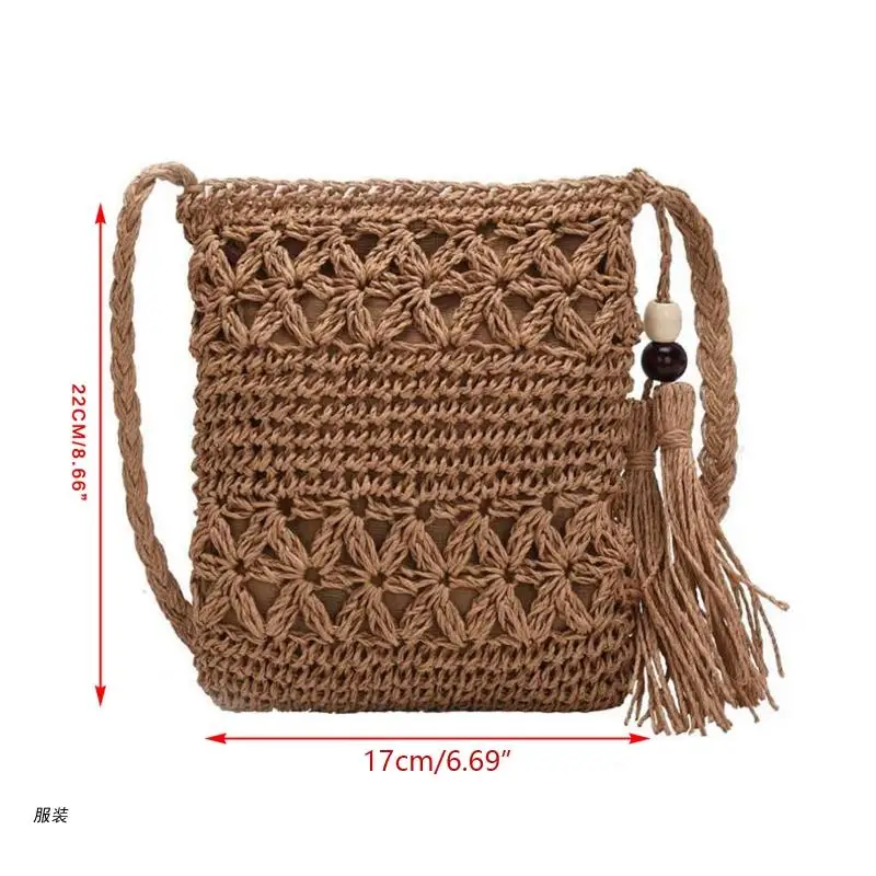 D0UD Women Beach Woven Straw Shoulder Bag with Tassel Boho Hollow Out Crochet Crossbody Handbag Macrame Clutch Purse