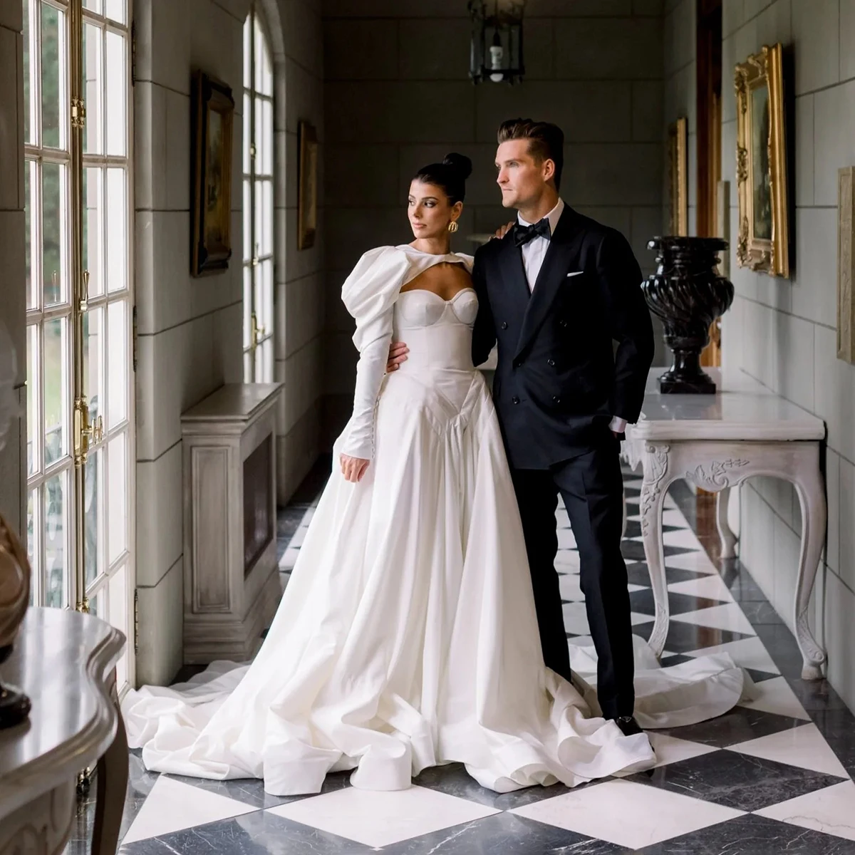 Puffy Satin Wedding Dress With Long Sleeves Bolero Elegant Simple Sweetheart Customized Plus Size Luxe Ivory Zipper Bridal Gown