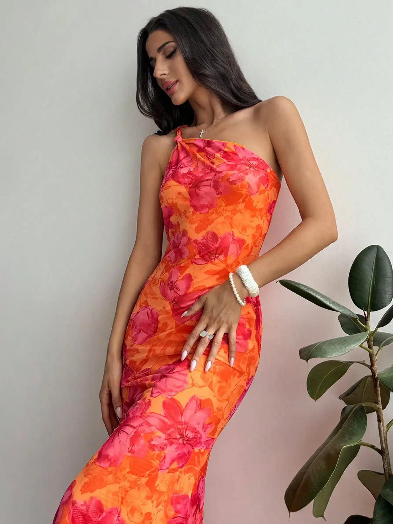 

Women's One-Shoulder Twist Knot Floral Print Bodycon Dress Summer