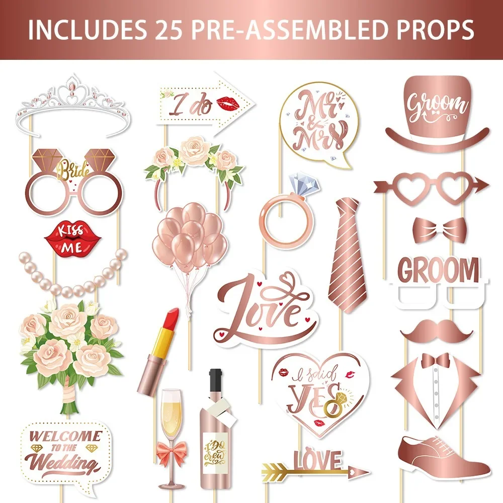 25pcs Wedding Photobooth Props Rose Gold Love Groom Bride Kiss Bouquet Photography props Happy Romantic Wedding Party DIY Decors