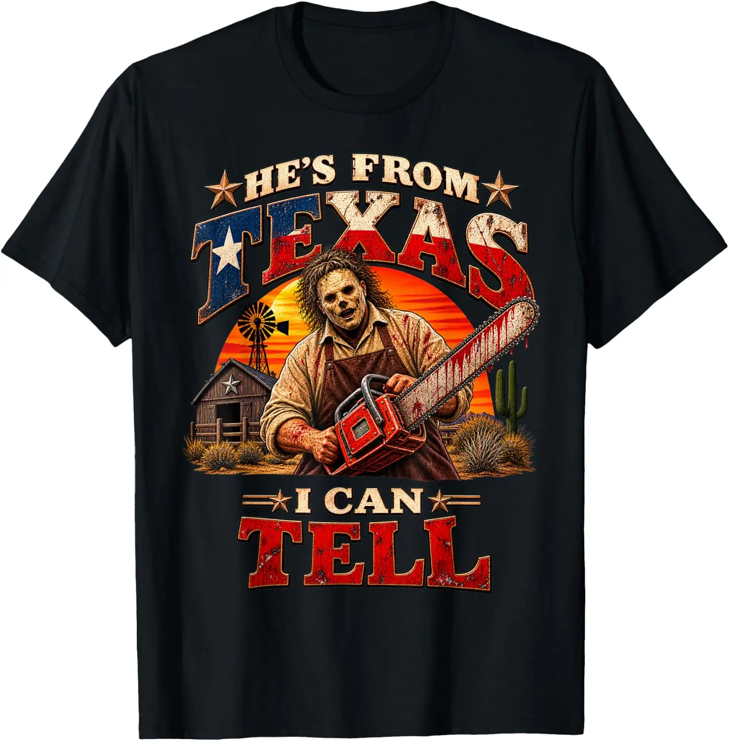 Hes From Texas I Can Tell Chainsaw Horror Halloween T-Shirt Breathable, Stylish Pure Cotton Short-Sleeve Top—Suitable For All-Season Styling.