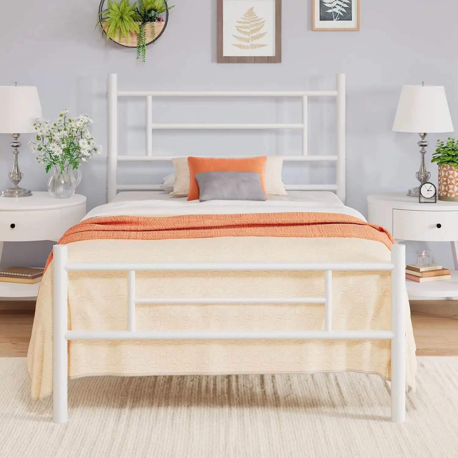 

14 Inch Twin Size Metal Platform Bed Frame with Headboard and Footboard, Underbed Storage, Strong Metal Slats Support, M