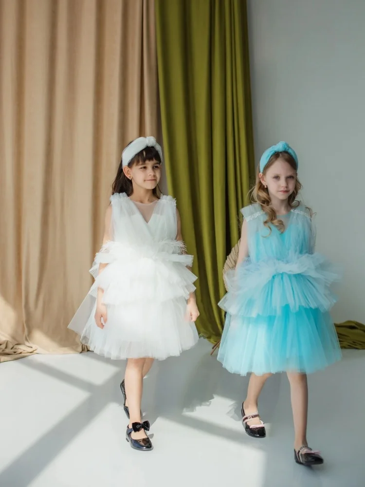 Multi Layer Ruffle Tulle Girls Tutu Dress Sleeveless V Neck Princess Dress Kids Birthday Wedding Flower Girl Dresses