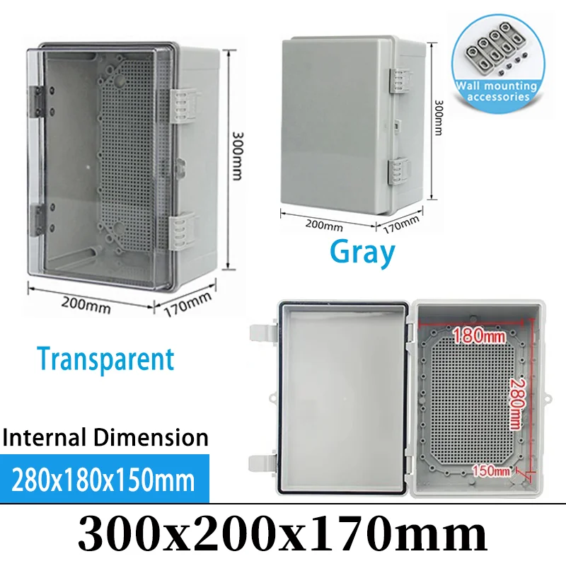 IP66 Outdoor Waterproof Electronic Box Grey/Transparent Cover Distribution Case ABS Junction Box  300x200x170mm
