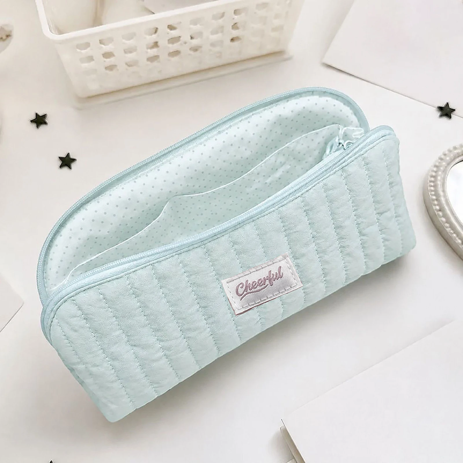 Large Capacity Cute Pencil Bag Polka Dot Pen Pouch Polyester Stationery Organizer for Students