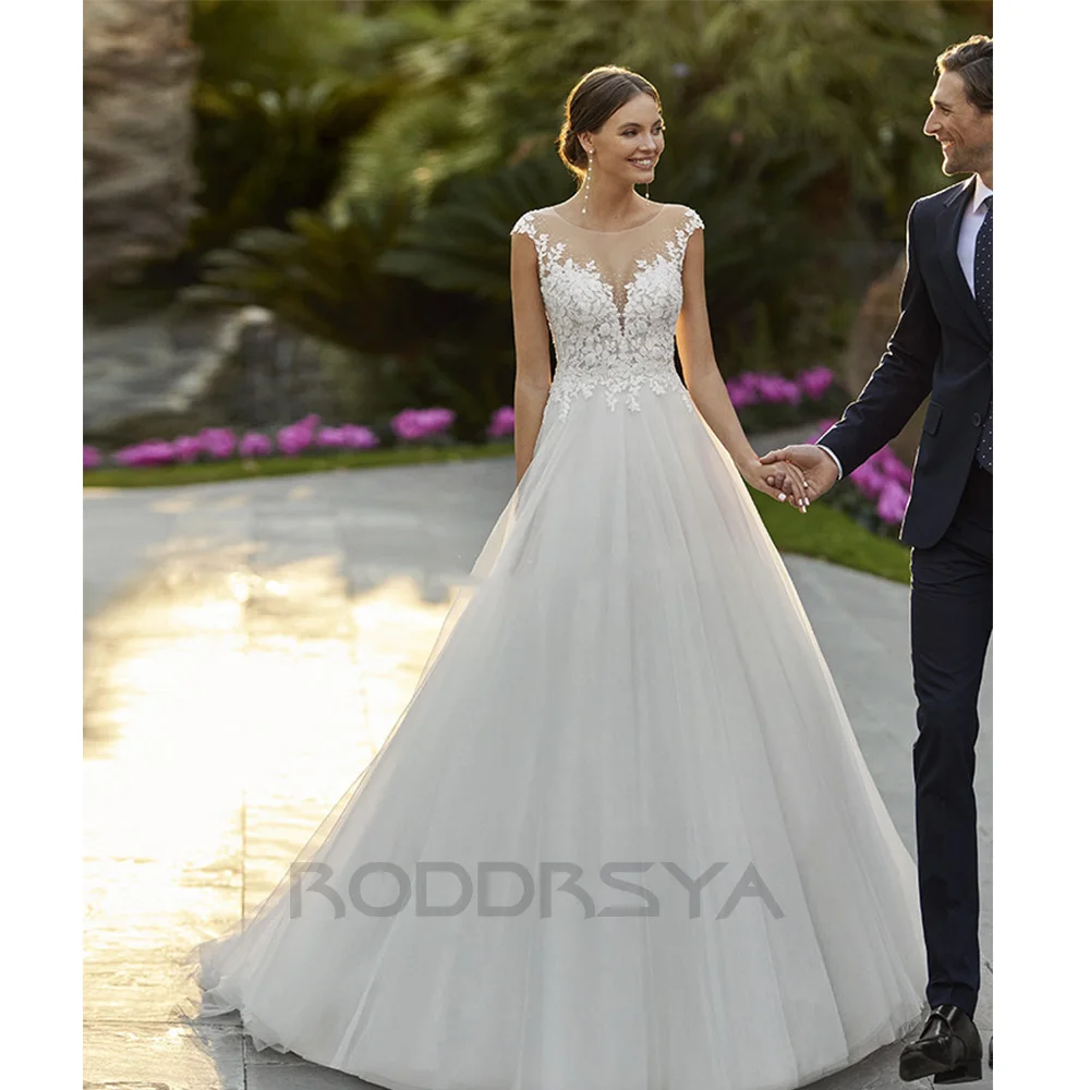 RODDRSYA Boho abito da sposa per le donne 2024 elegante scollo tondo Appliques abito da sposa Illusion Tulle Button Back Vestido De Novia Boho abito da sposa per le donne 2024 elegante scollo tondo Appliques abito da s