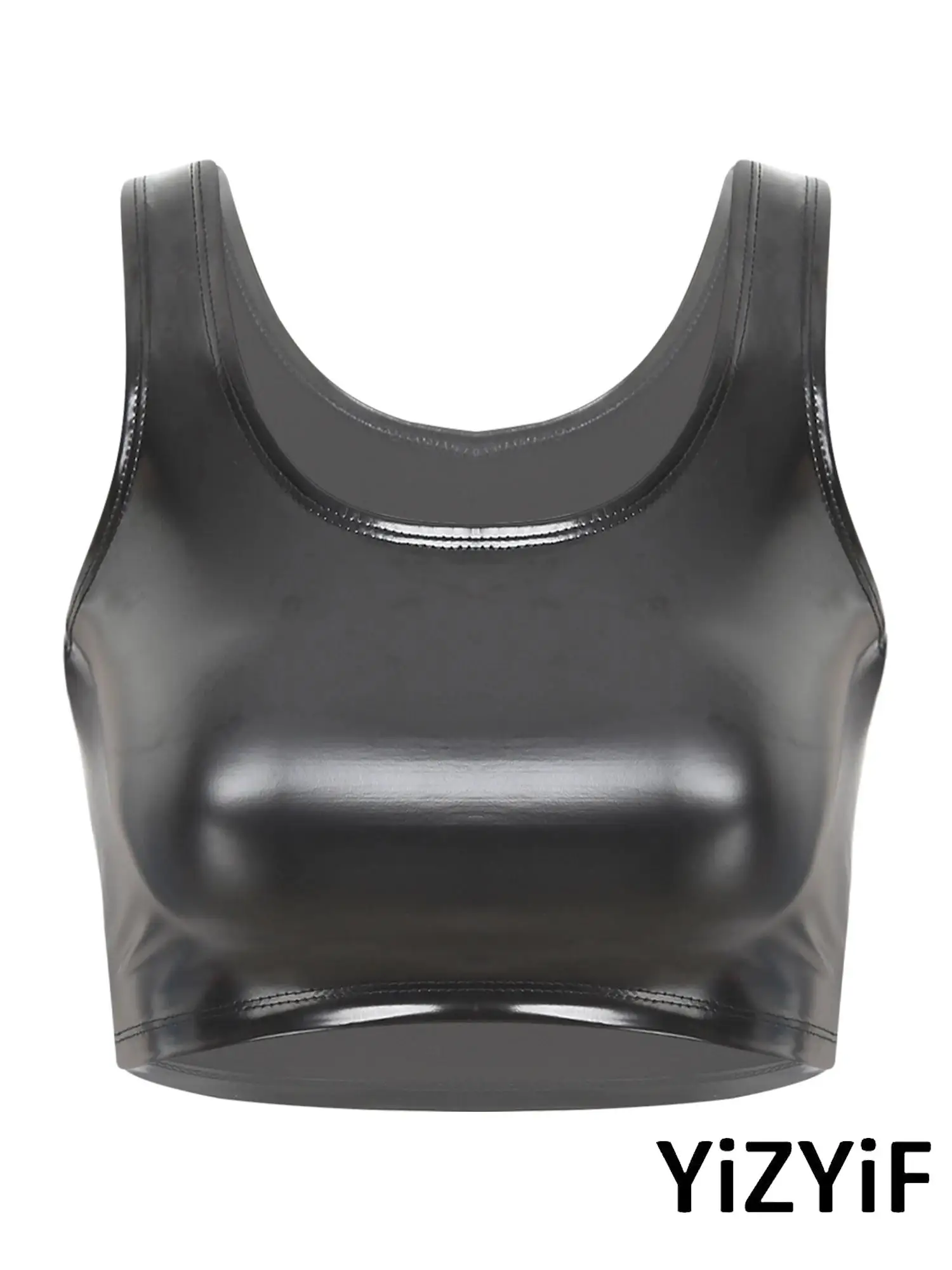 

Women Sexy Solid Black Role Play Patent Reflective Leather Tank Top Summer U Neck Cropped Vest for Dance Top Bar Night Club Wear