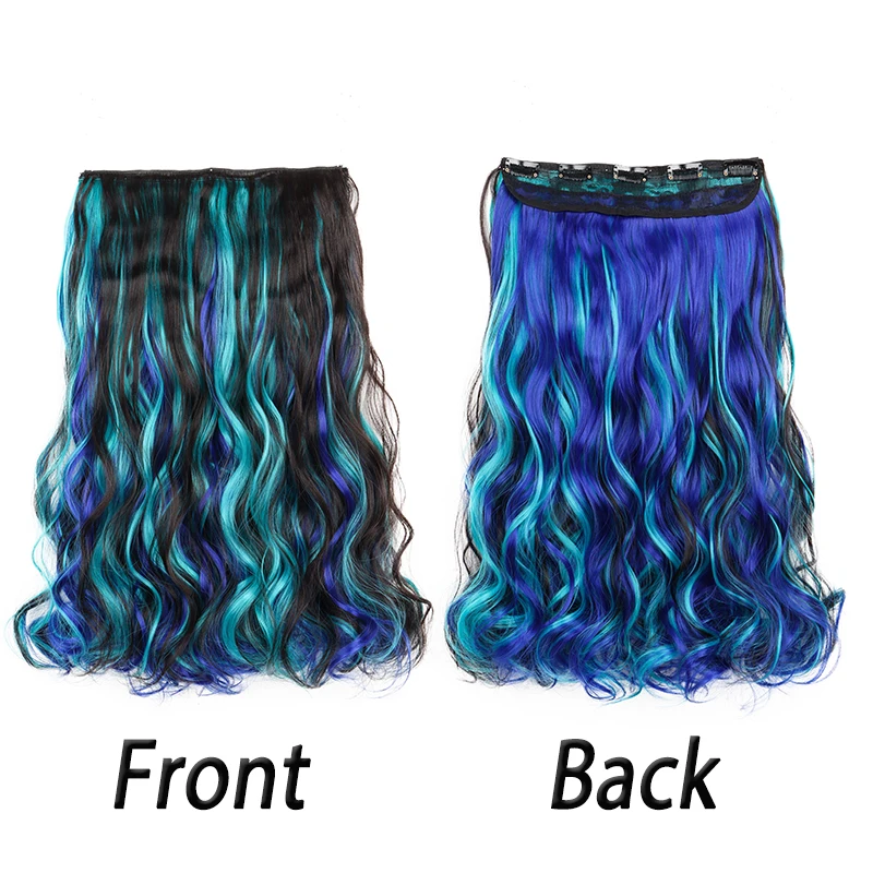 Extensión de cabello sintético de 20 pulgadas, rizado con reflejos arcoíris, una pieza con 5 clips, invisible, para uso diario 5