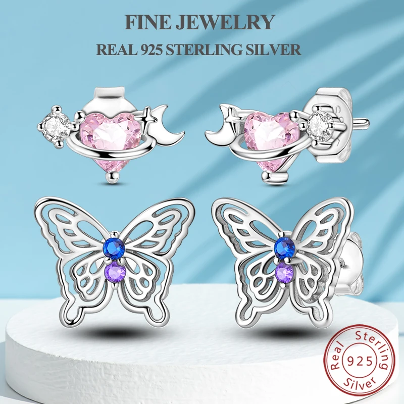 

Real S925 Sterling Silver Stud Earring Heart Moon Planet Openwork Butterfly Earrings Hypoallergenic for Women Girls Jewelry Gift