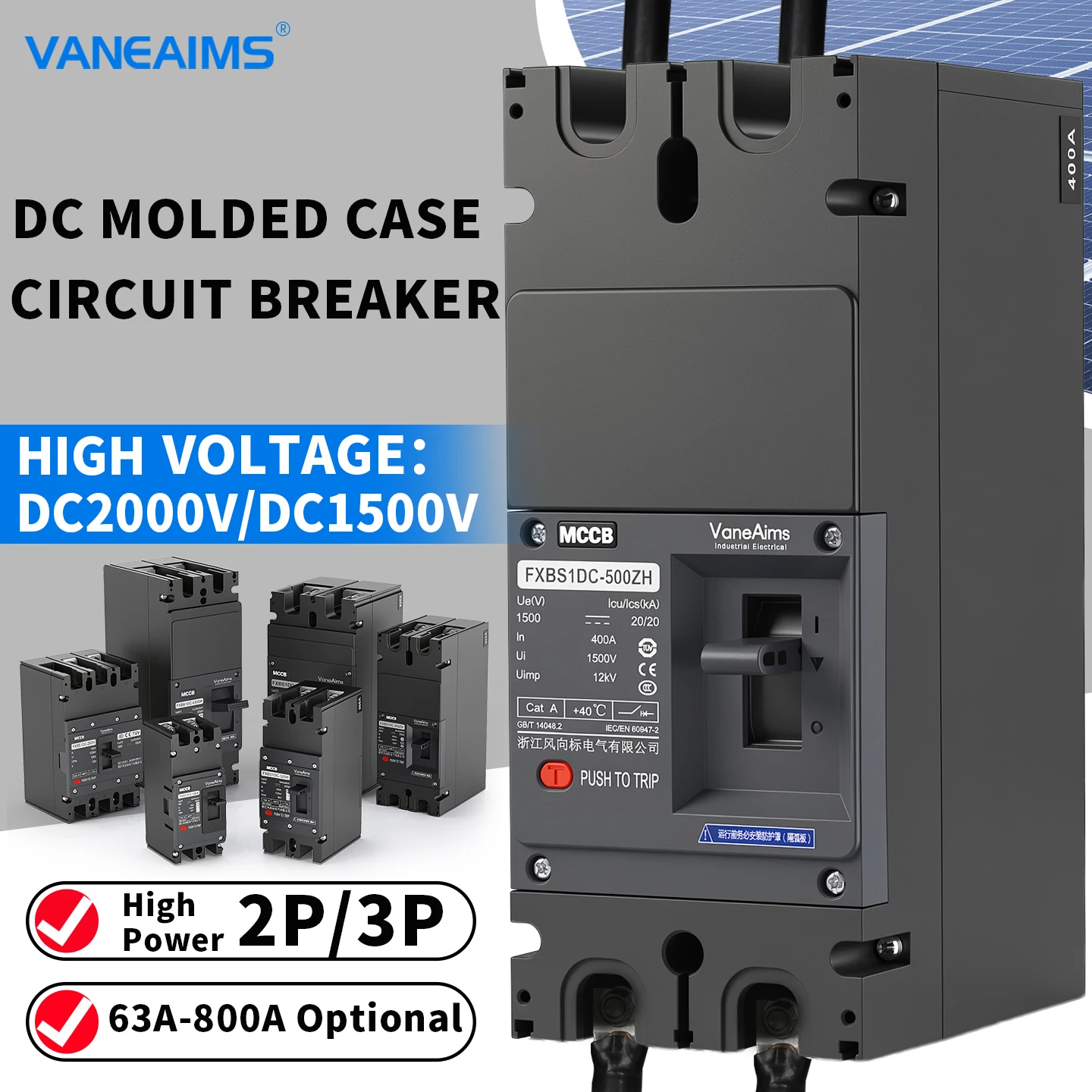 DC MCCB Molded Case Circuit Breaker 2P 3P DC1000V 1500V Overload Protection Switch Solar PV Photovoltaic 200A 250A 300A 400A