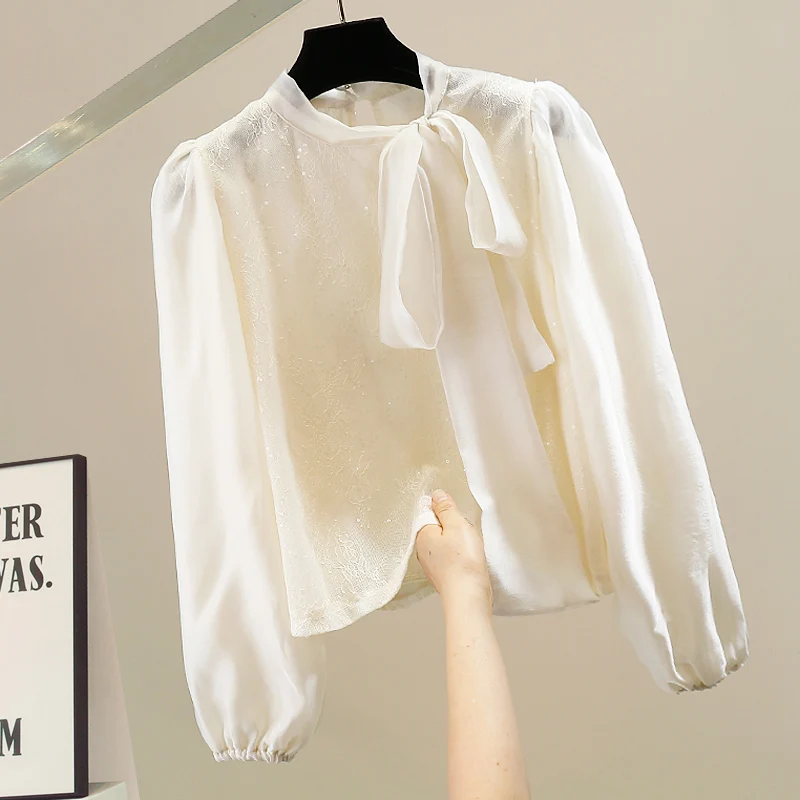 

Women's Long Sve Lace Trim Stand Collar Loose Fit irt Ele Slimming Top Faionable Korean Sle Autumn New Arrival