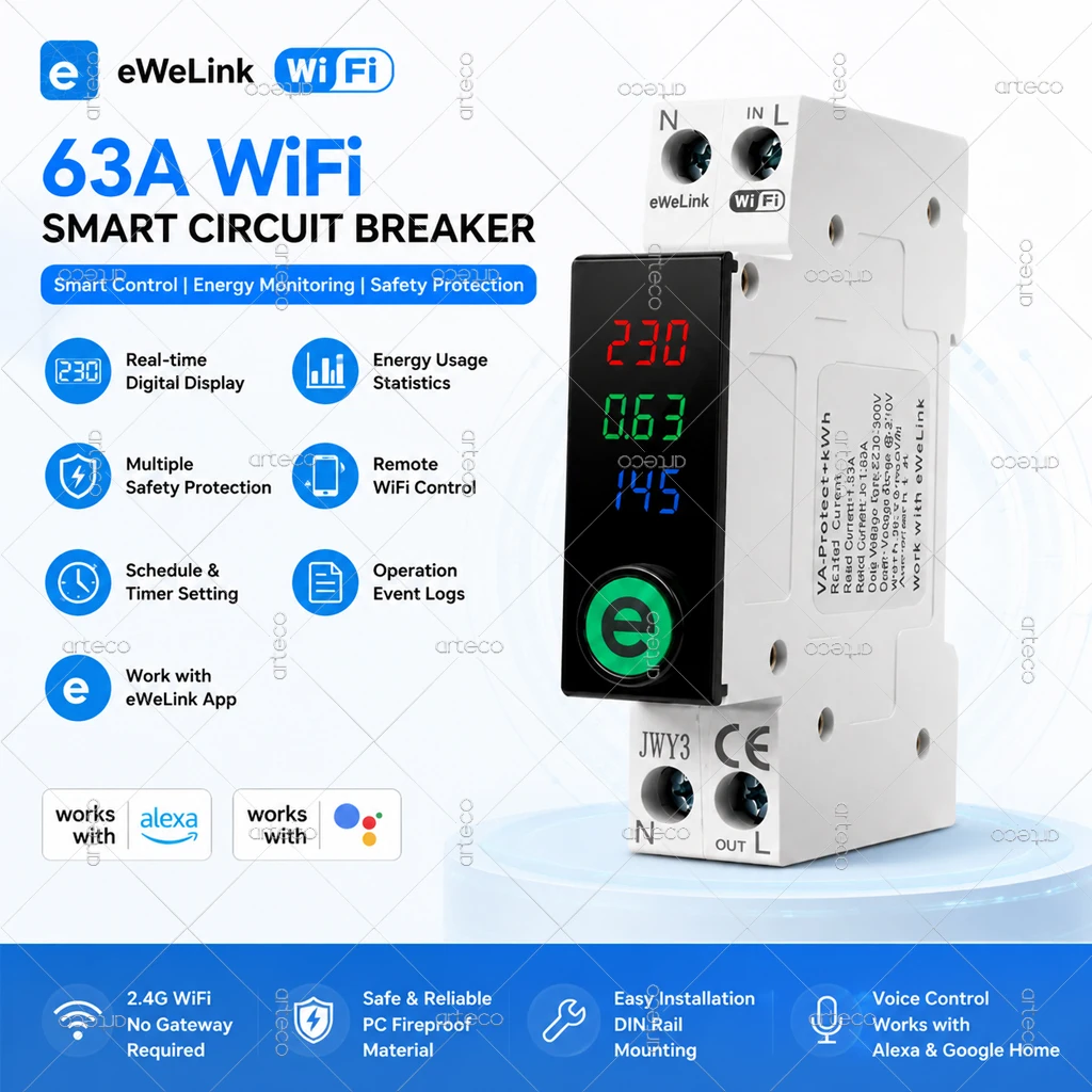 Ewelink 63A WiFi Circuit Breaker Smart Switch Energy Meter kWh Metering Monitoring Timer Relay Voltage Current Protect For Alexa