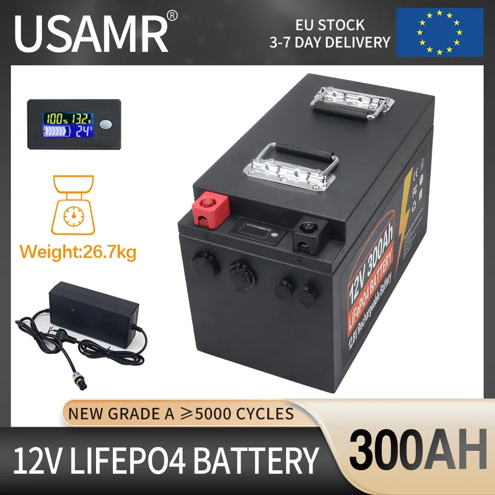 12V LiFePO4 Battery 300AH Lithium Iron Phosphate Cells Pack Built-in BMS 5000 Cycles For Golf Cart Outdoor Camping Solar Storage