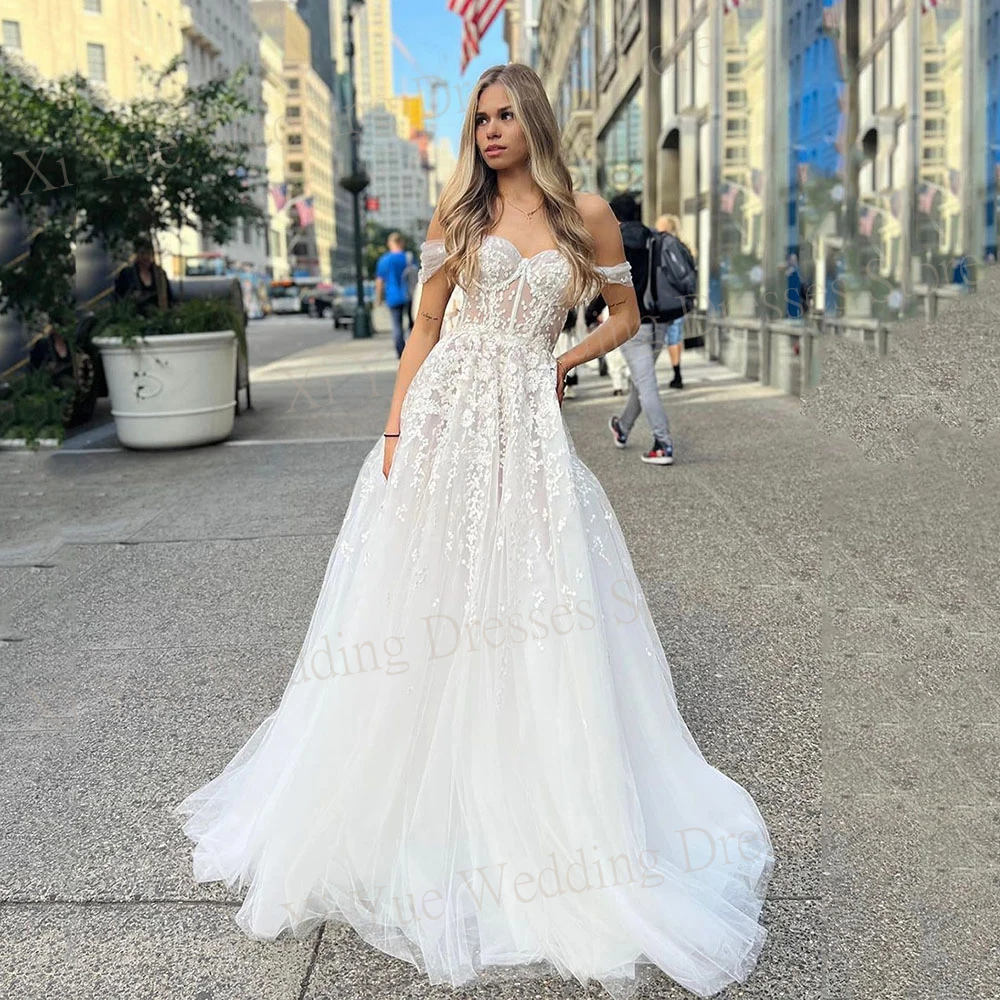 

Charming Graceful Sweetheart Wedding Dresses New A Line Lace Appliques Bride Gowns Sleeveless Off The Shoulder Vestido De Novias