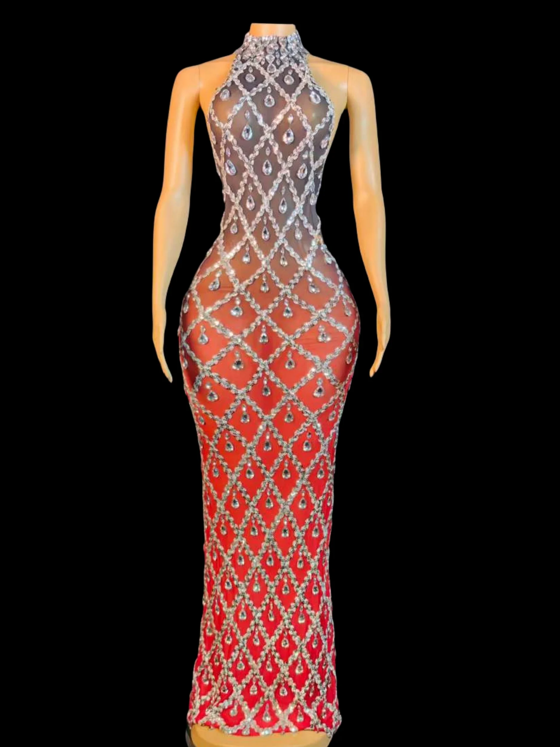 

Black Red Gradient Color Sleeveless Women Long Dress Elegant Birthday Party Evening Dresses Full Rhinestone Drag Queen Outfit