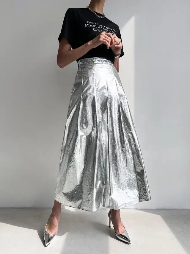 2Colors Women Summer Autumn Pleated Long Skirts For Womens Elastic High Waist Vintage Silver Skirt Female(w10051)