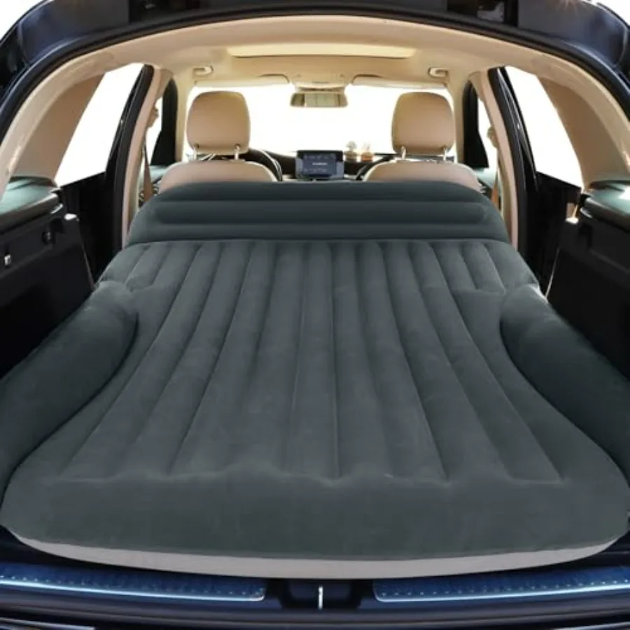 

SUV air mattress for auto camping road trips, flocked PVC in green and charcoal, double-sided thick with built-in pump pillow