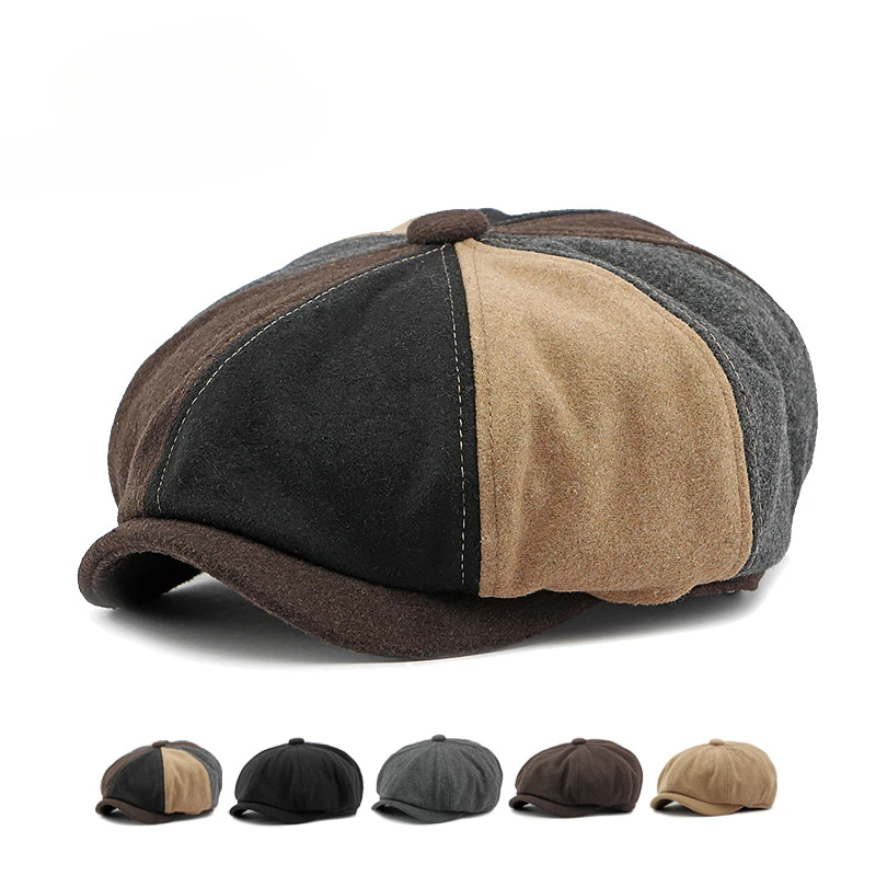 

Color Blocked Vintage American Octagonal Hat Men Wool Beret Women UK Newsboy Cap