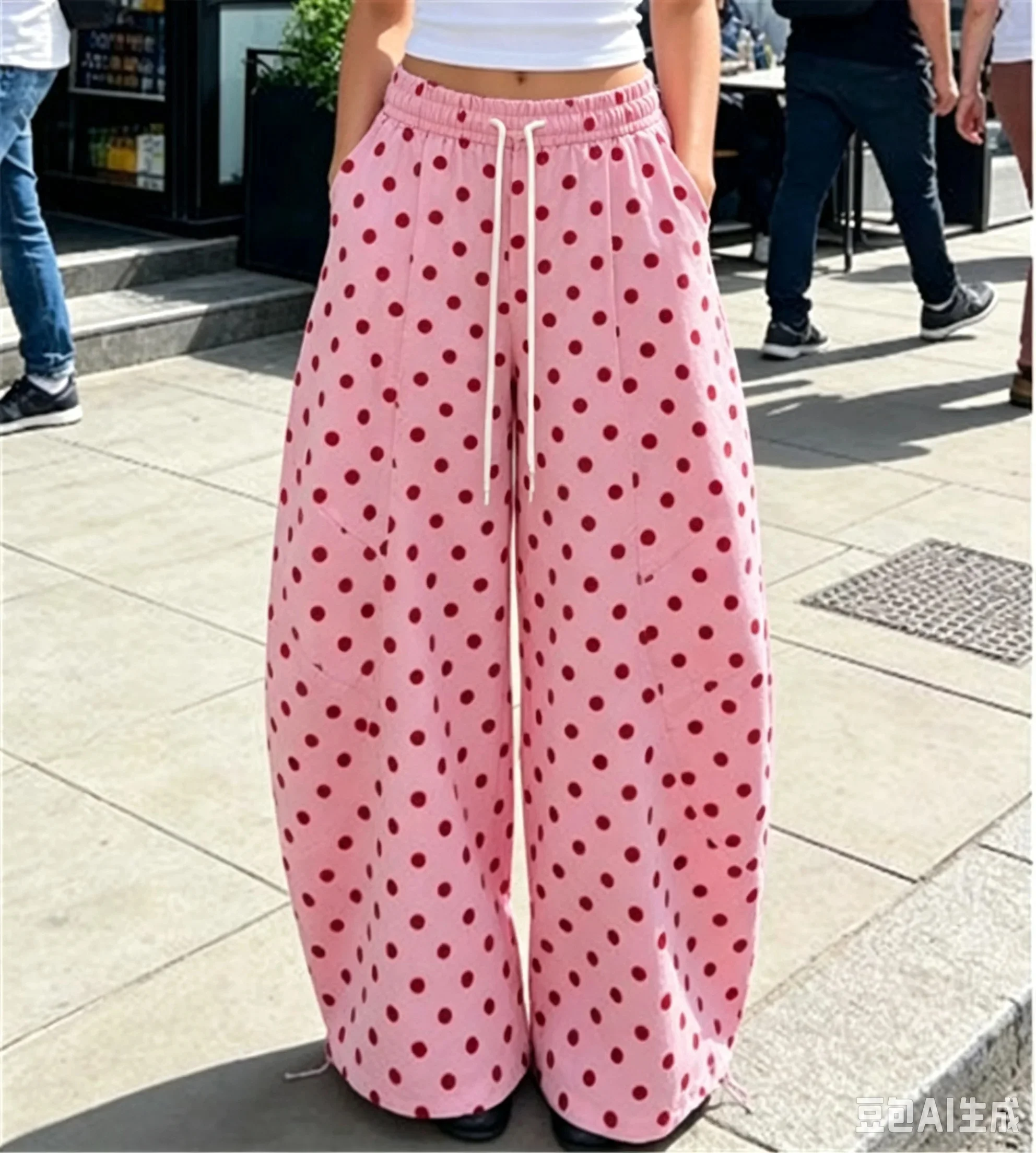Women's retro polka dot printed high waisted bucket pants, waist cinched wide pants with pockets, millennium casual streetwear