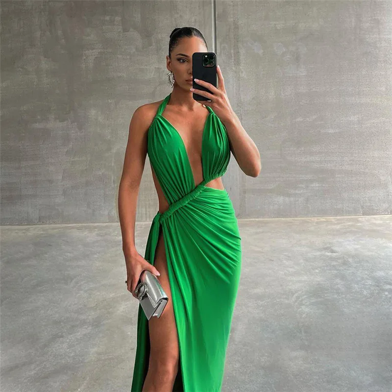 Fashionable Green Ribbon Floor Mopping Party Dress Sexy Hanging Neck Hollow Prom Gown Backless Split Vacation Evening Robes