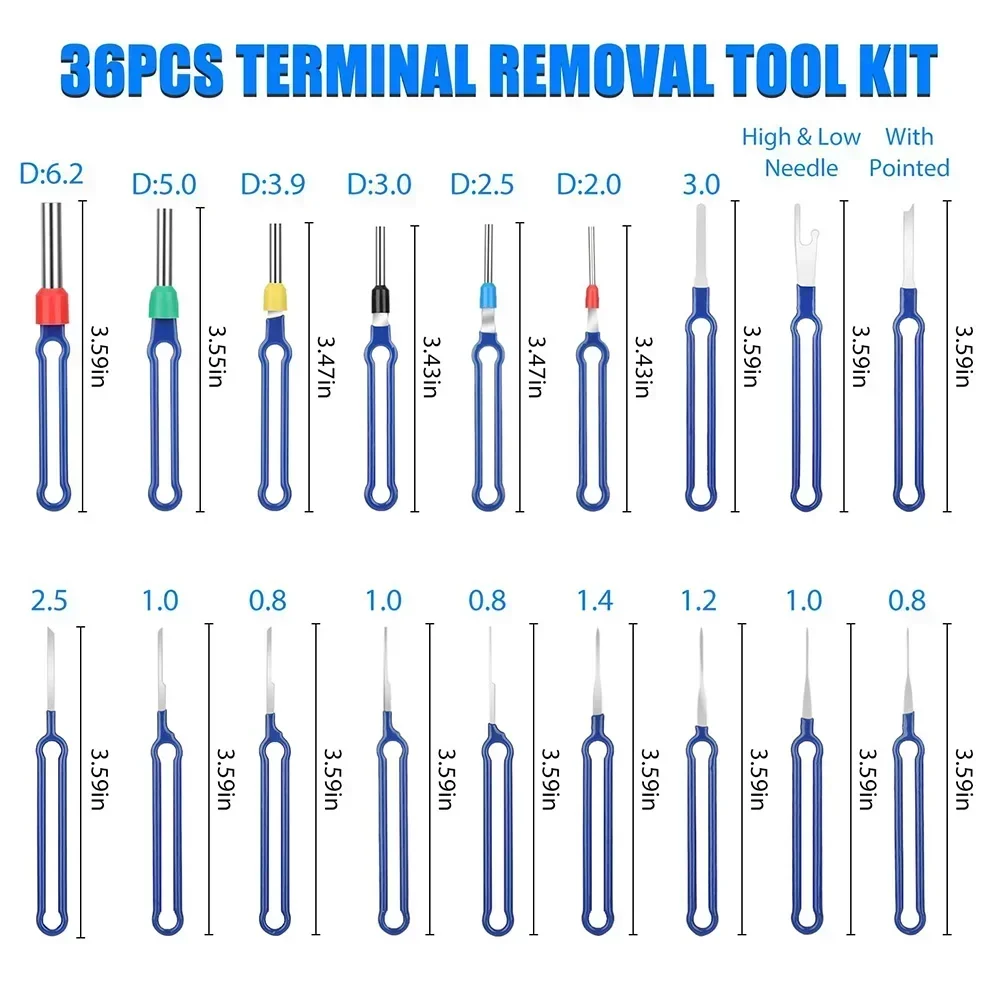 36x Terminal Removal Tool Kit Depinning Tools Electrical Connector Pin Removal Blue Needle Removal Tool W/ Storage Box