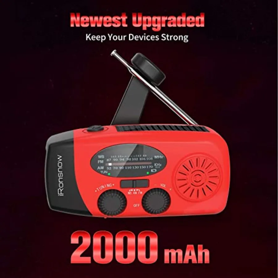 Solar Emergency Hand Crank Weather Radio, Portable Self Powe NOAA AM/FM Radios with SOS Alarm LED Flashlight 2000mAh Smart Phon