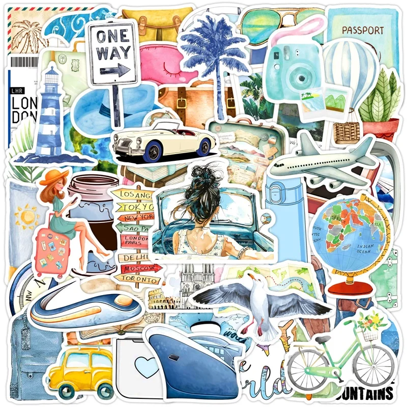 

10/30/50PCS Cute Watercolor Travel Sticky PVC Sticker Aesthetic DIY Decoration Scrapbooking Hand Accounting Supplies for Kids
