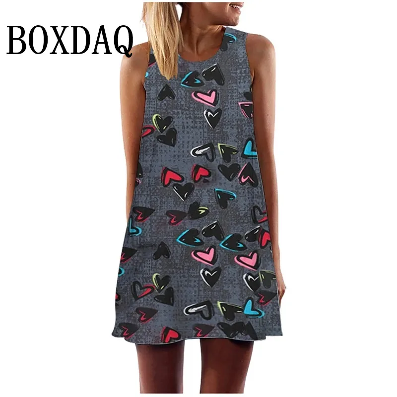 Summer Love Heart Print Tunic Tank Mini Dress Hip Hop Women's Party Beach Sundress Loose O-Neck A-Line Sleeveless Dress Vestidos