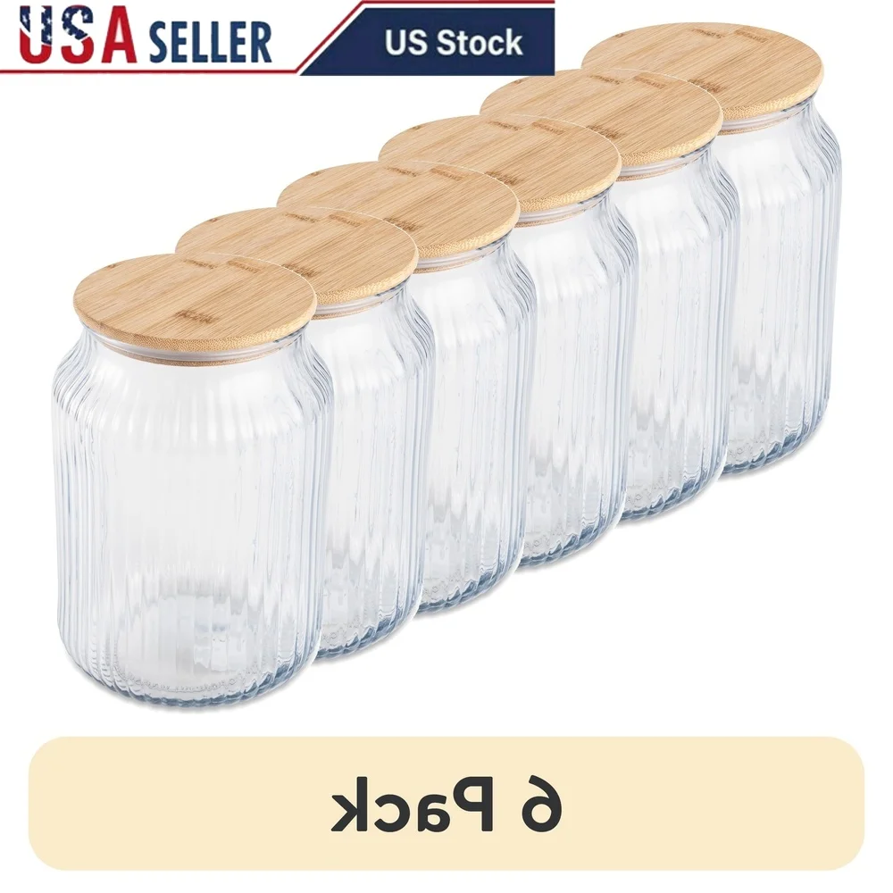 

6 Pack Airtight Ribbed Glass Food Storage Jars with Bamboo Lids Kitchen Organization Containers 3L