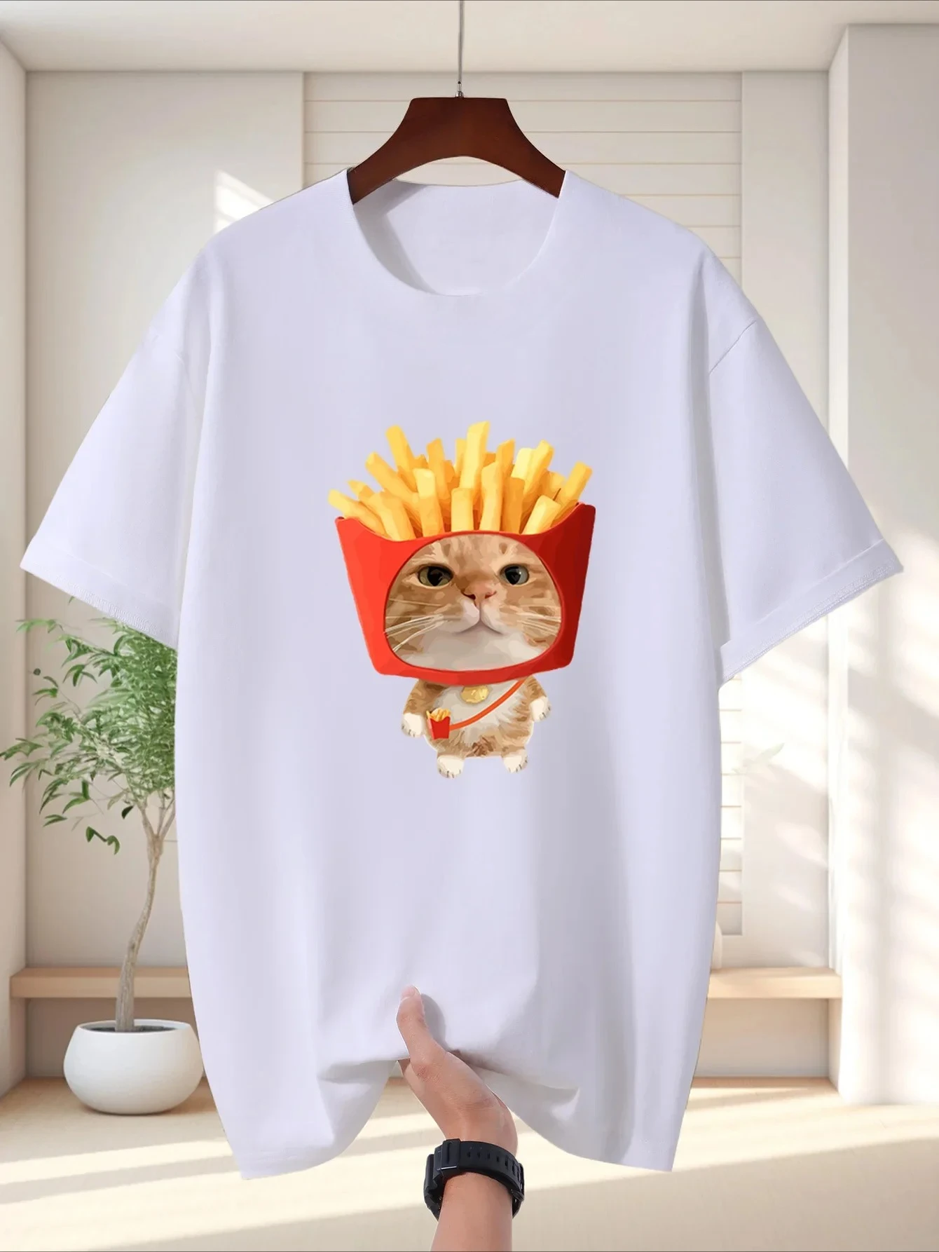 Cute Fries Bucket Orange Cat Graphic Clothes for Women Funny Food Pet Print Short Sleeve O Neck Casual Sale Summer Street Tops