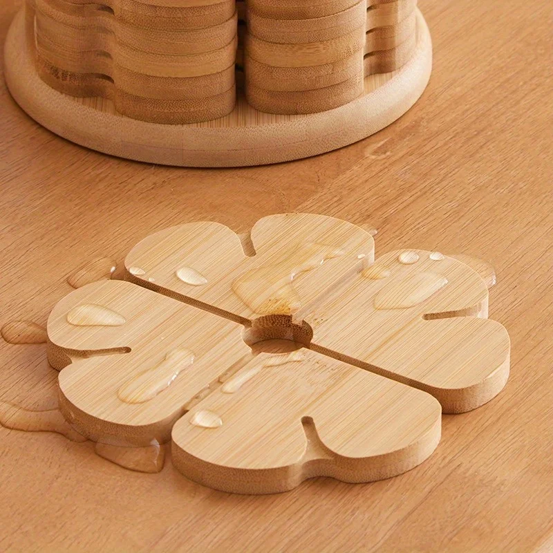 Four-Leaf Resistant Table Mat with Wood Base - Suitable for Pans, Bowls & Plates, Anti-Scald Coaster for Dining Table Protection