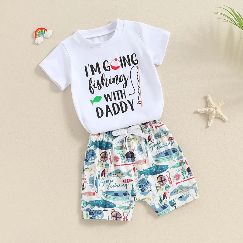 Baby Boy Fish Outfit I m Going Fishing With Daddy Short Sleeve T-Shirt Fish Print Shorts Set Toddler Summer Clothes