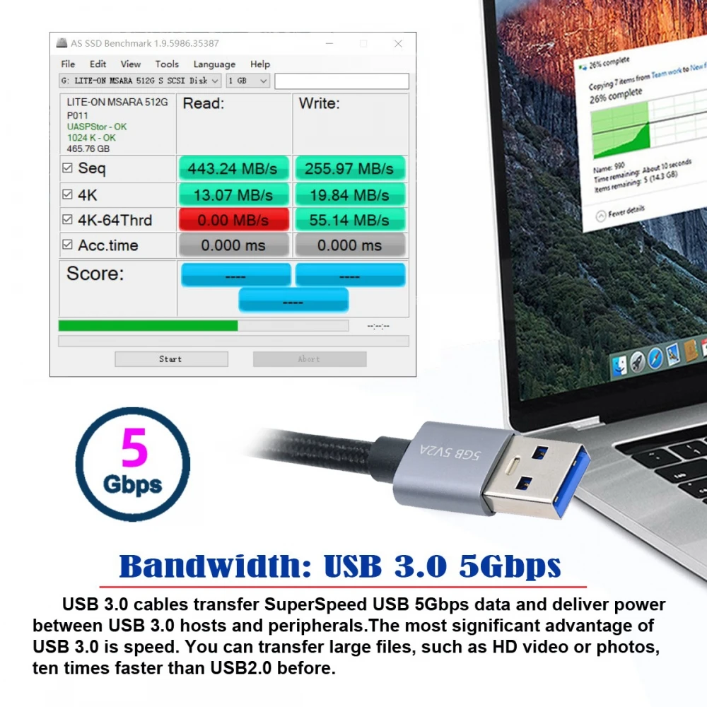 Zihan High-Speed Silver USB 3.0 Type-A to Standard 3.0 B Cable - Reliable Data Transfer at 5Gbps for Disk, SSD, Camera 30cm