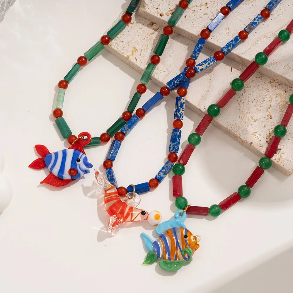 Polychrome Transparent Resin Glass Fish Necklace Unique Beads Chain Lobster Pendant Necklaces Daily Wear Trendy Jewelry 2026 New