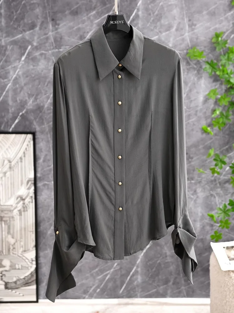 

Элегантная женская шелковая рубашка с длинным рукавом, премиум-качество, с эффектом утяжки на талии, с воротником и манжетами, для офиса и повседневной носки, однотонная.