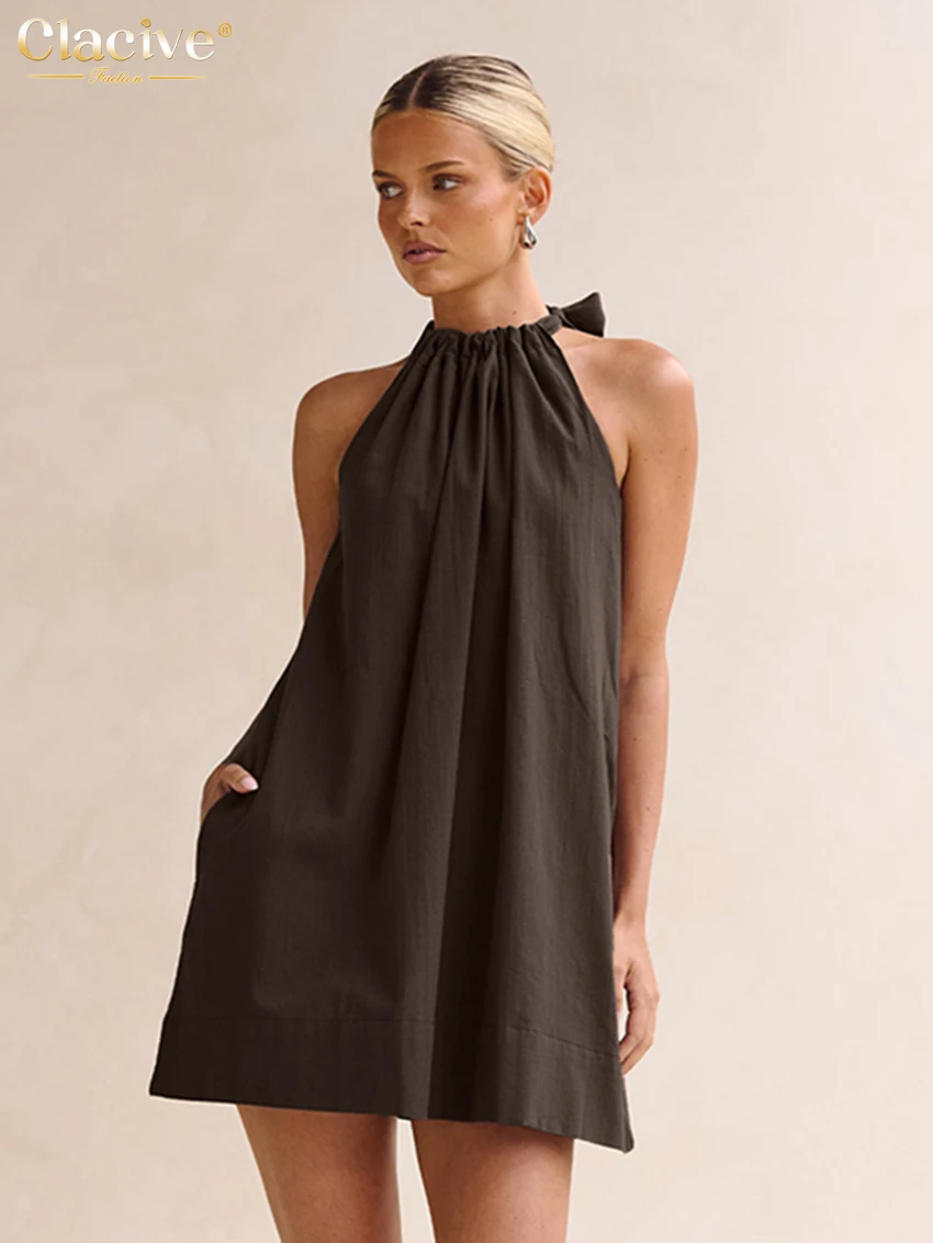 Clacive Sommerliches, lockeres, braunes Baumwollkleid für Damen 2026 – Sexy Neckholder-Minikleid, ärmellos, klassisch, einfarbig