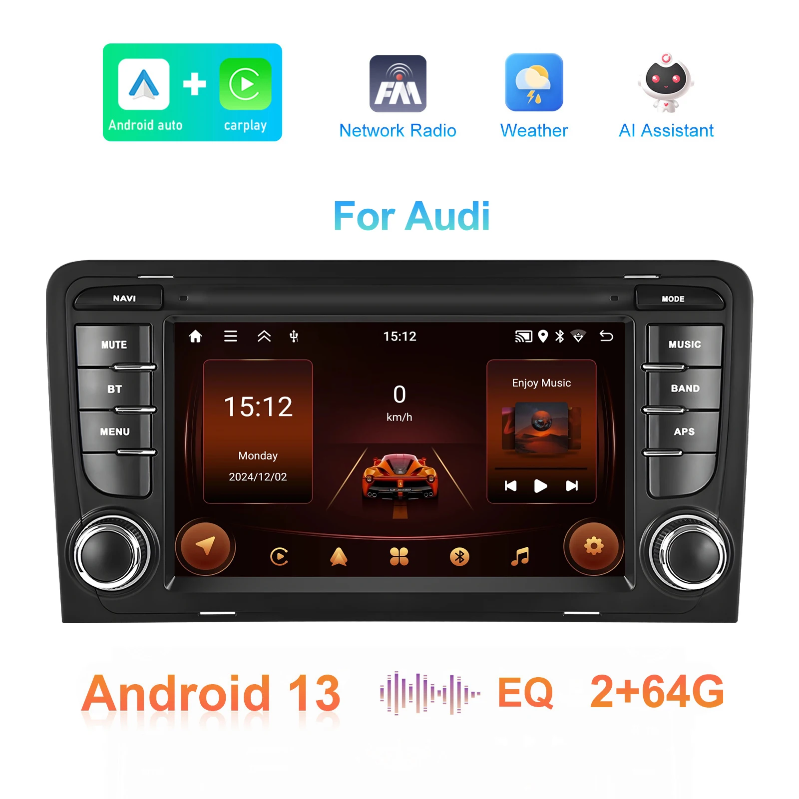 Podofo 2DIN 2+64G Autoradio für Audi A3 8P (2003-2012)/RS3 Sportback (2011-2012) Carplay Auto-Audio Android Auto GPS Mirror Link – Detail 8