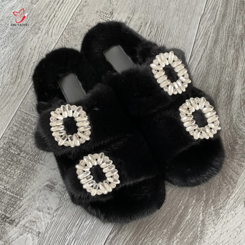 2024 Women\'s Fur Slippers Female100% Real Mink Fur Slippers European Station Ladies Flat Heel Women Shoes Fashion Luxury Slipper