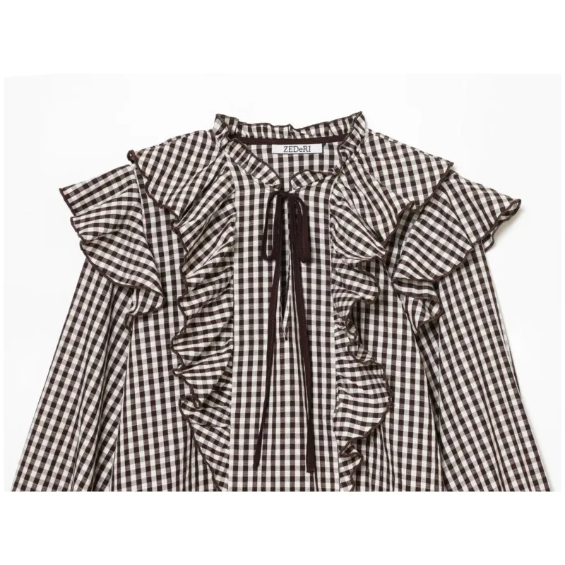 Women Ruffled Gingham Shirt with Ties Spring Summer O Neck Long Sleeve Women's Shirt & Blouses FemaleRuffle Trims Tops