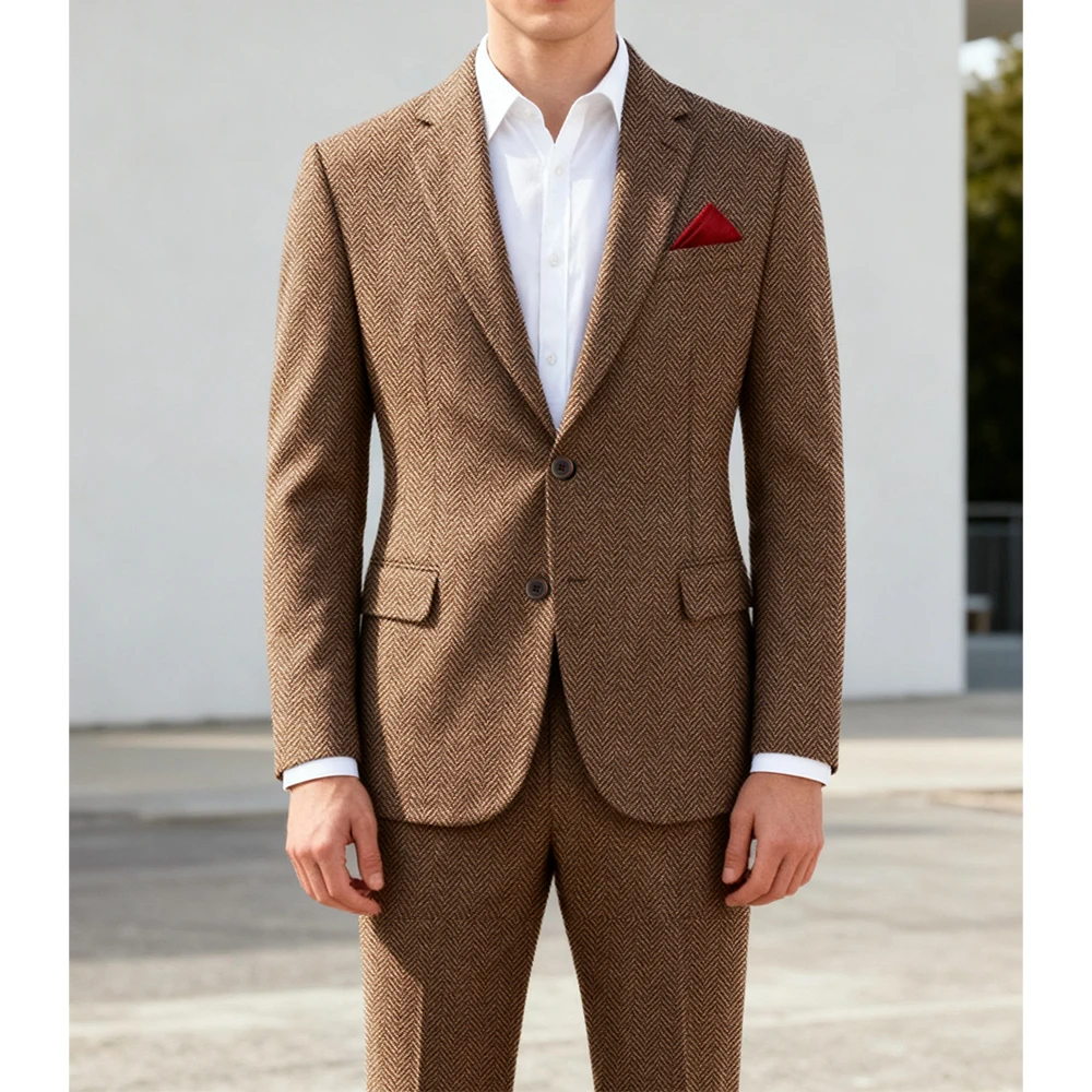 

Мужские костюмы из двух предметов, твидовые приталенные однобортные деловые свадебные мужские костюмы с узором «елочка» (пиджак + брюки)