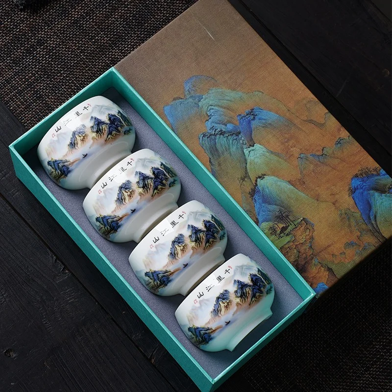 Premium Elegant Handmade Qianli Jiangshan Blue Green Porcelain Master Tea Cups Single Tasting Bowls Kung Fu Set Home Office Gift